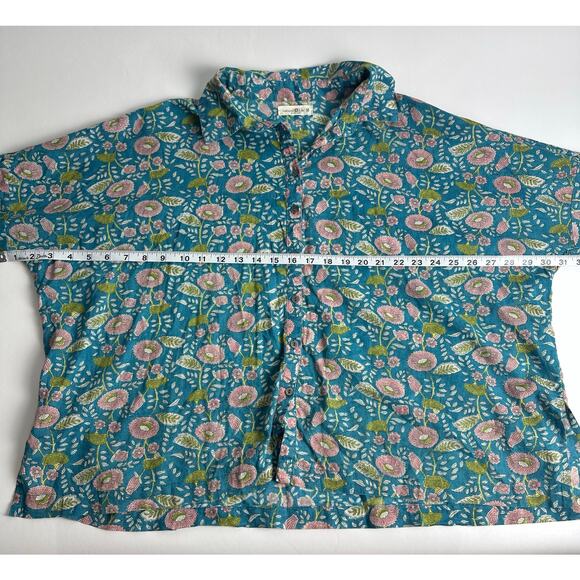 Natural Life Size M Boho 70s Block Print Button Down Shirt Blue Floral Vines - Picture 6 of 9